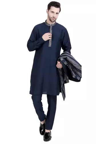 Blue faux silk plain kurta pajama with embroidered jacket