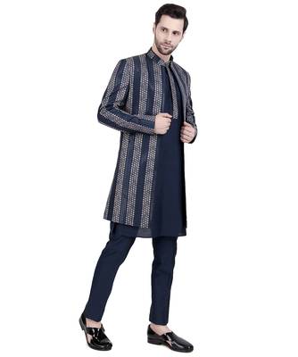 Blue faux silk plain kurta pajama with embroidered jacket 4