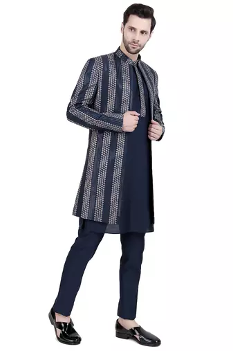 Blue faux silk plain kurta pajama with embroidered jacket