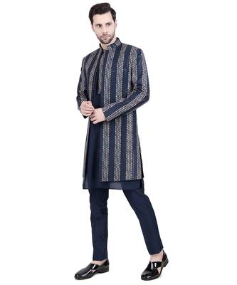 Blue faux silk plain kurta pajama with embroidered jacket 5