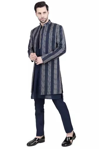 Blue faux silk plain kurta pajama with embroidered jacket