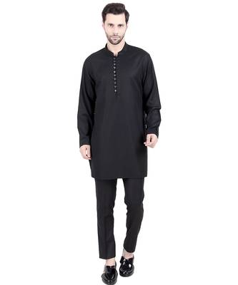 Black faux polyester plain kurta pajama 1