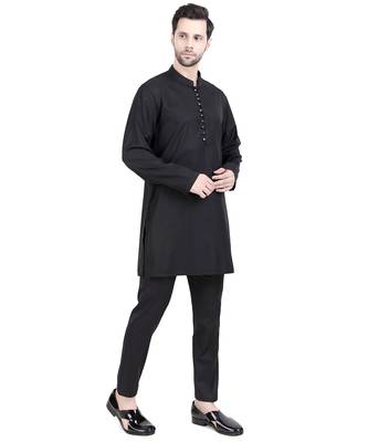Black faux polyester plain kurta pajama 2