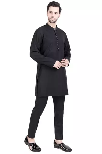 Black faux polyester plain kurta pajama