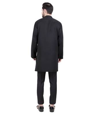 Black faux polyester plain kurta pajama 4