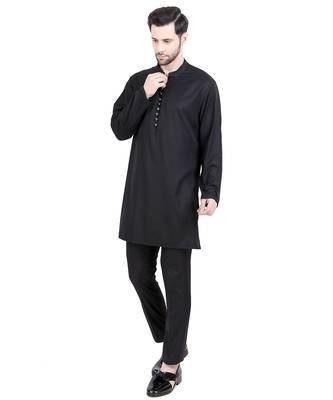 Black faux polyester plain kurta pajama 5