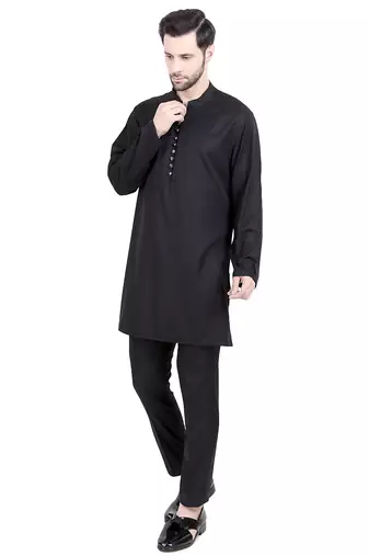 Black faux polyester plain kurta pajama