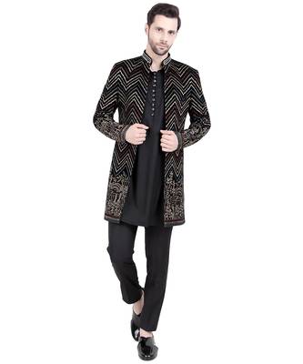 Black faux polyester plain kurta pajama with floral embroidered jacket 1