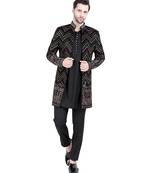 Black faux polyester plain kurta pajama with floral embroidered jacket