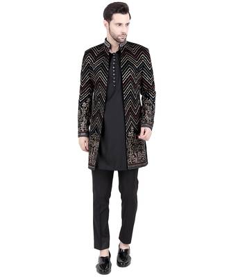 Black faux polyester plain kurta pajama with floral embroidered jacket 2