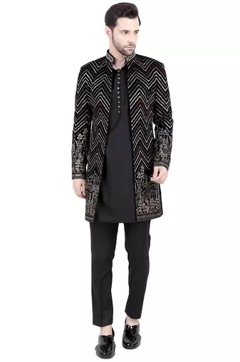Black faux polyester plain kurta pajama with floral embroidered jacket