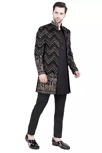 Black faux polyester plain kurta pajama with floral embroidered jacket