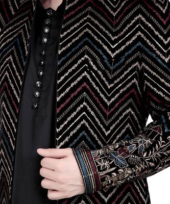 Black faux polyester plain kurta pajama with floral embroidered jacket 4