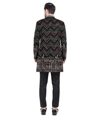 Black faux polyester plain kurta pajama with floral embroidered jacket 5