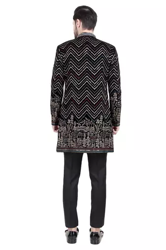 Black faux polyester plain kurta pajama with floral embroidered jacket