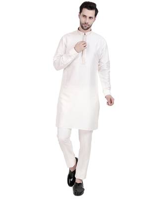 White cream faux cotton silk plain kurta pajama 1