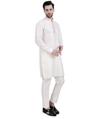 White cream faux cotton silk plain kurta pajama 2