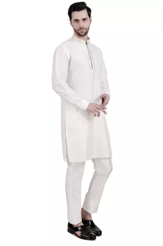 White cream faux cotton silk plain kurta pajama