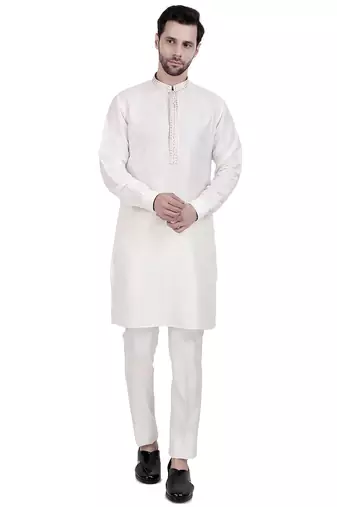 White cream faux cotton silk plain kurta pajama