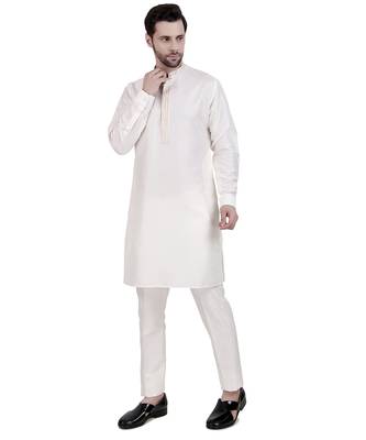 White cream faux cotton silk plain kurta pajama 4