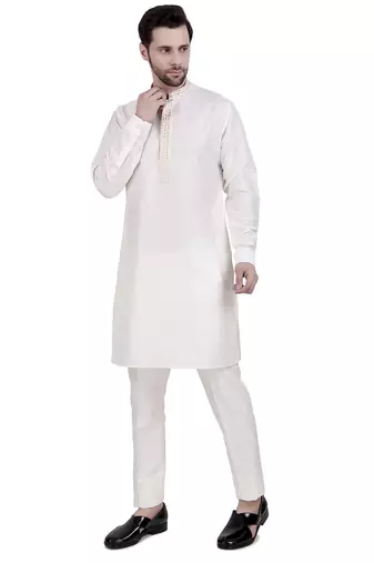 White cream faux cotton silk plain kurta pajama