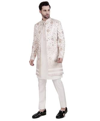 White faux cotton silk plain kurta pajama with floral embroidered jacket 1