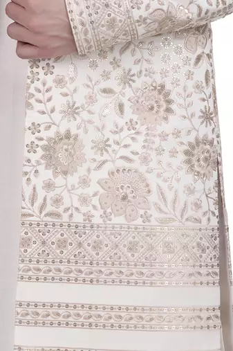 White faux cotton silk plain kurta pajama with floral embroidered jacket