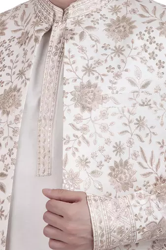 White faux cotton silk plain kurta pajama with floral embroidered jacket