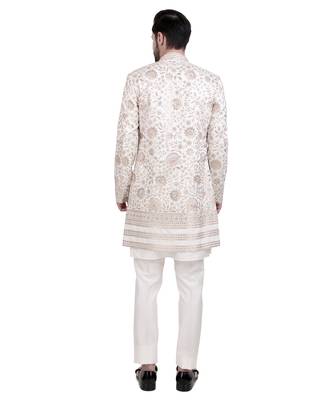 White faux cotton silk plain kurta pajama with floral embroidered jacket 4