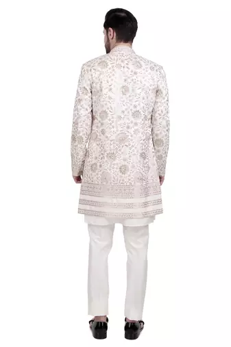 White faux cotton silk plain kurta pajama with floral embroidered jacket