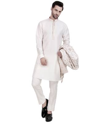 White faux cotton silk plain kurta pajama with floral embroidered jacket 5