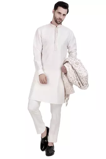 White faux cotton silk plain kurta pajama with floral embroidered jacket