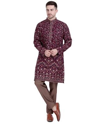 Maroon faux georgette floral embroidered kurta pajama 1