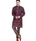 Maroon faux georgette floral embroidered kurta pajama