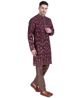 Maroon faux georgette floral embroidered kurta pajama 2