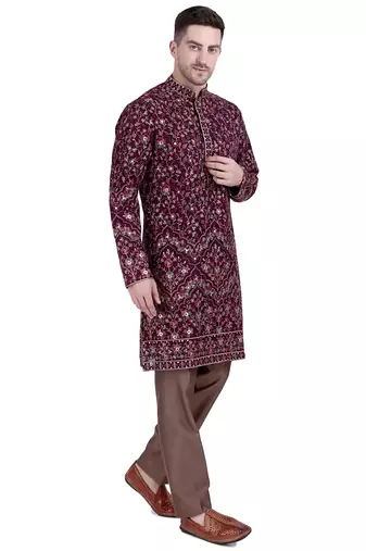 Maroon faux georgette floral embroidered kurta pajama
