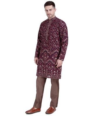 Maroon faux georgette floral embroidered kurta pajama 3