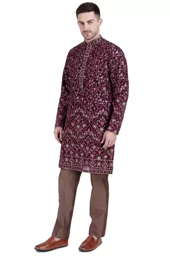 Maroon faux georgette floral embroidered kurta pajama