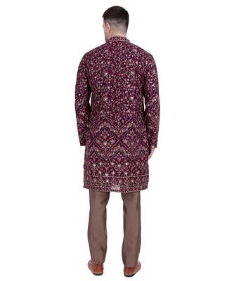 Maroon faux georgette floral embroidered kurta pajama 4