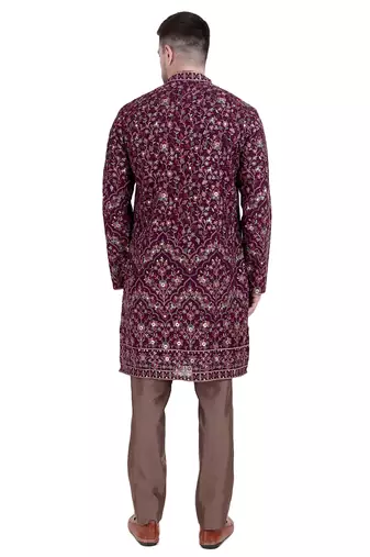 Maroon faux georgette floral embroidered kurta pajama