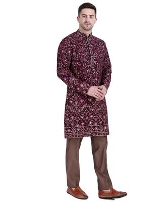 Maroon faux georgette floral embroidered kurta pajama 5