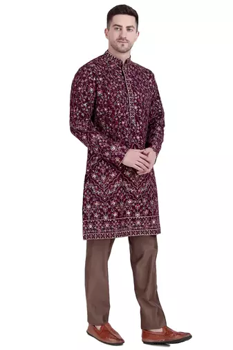Maroon faux georgette floral embroidered kurta pajama