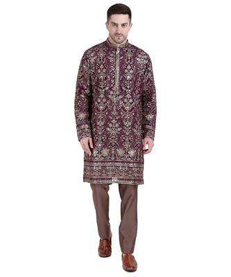 Maroon faux georgette kurta pajama with floral embroidery 1
