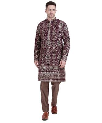 Maroon faux georgette kurta pajama with floral embroidery 2