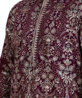 Maroon faux georgette kurta pajama with floral embroidery 3