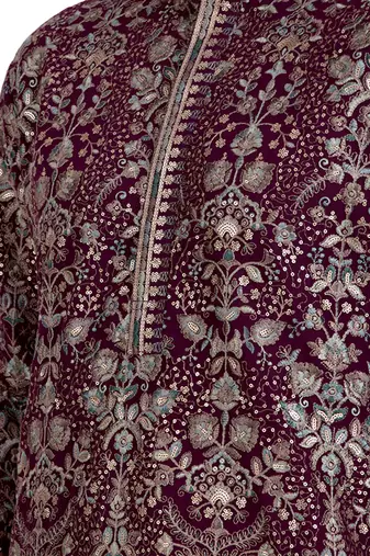 Maroon faux georgette kurta pajama with floral embroidery
