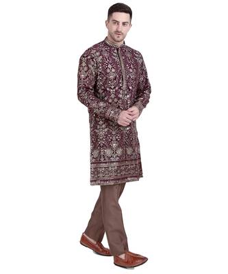 Maroon faux georgette kurta pajama with floral embroidery 4