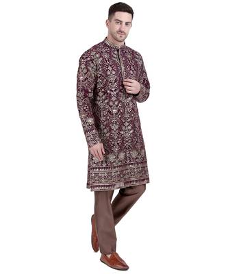 Maroon faux georgette kurta pajama with floral embroidery 5