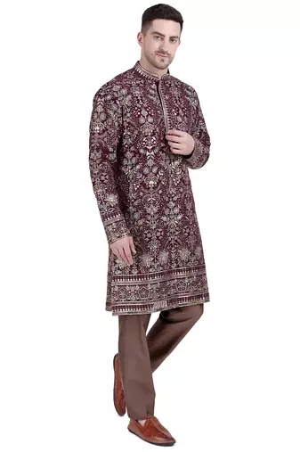 Maroon faux georgette kurta pajama with floral embroidery