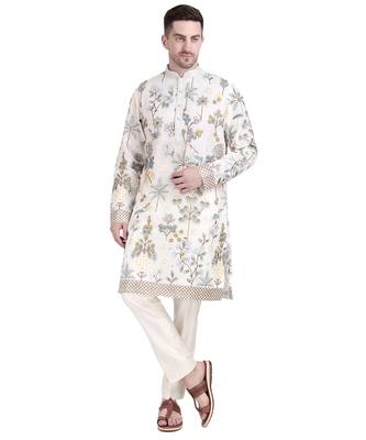 White faux georgette floral embroidered kurta pajama 1